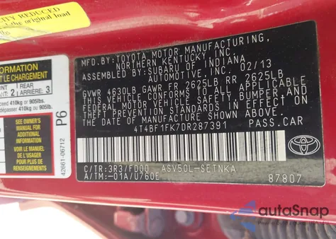 2013 Toyota Camry Le z USA, uszkodzony, nr VIN 4T4BF1FK7DR287391